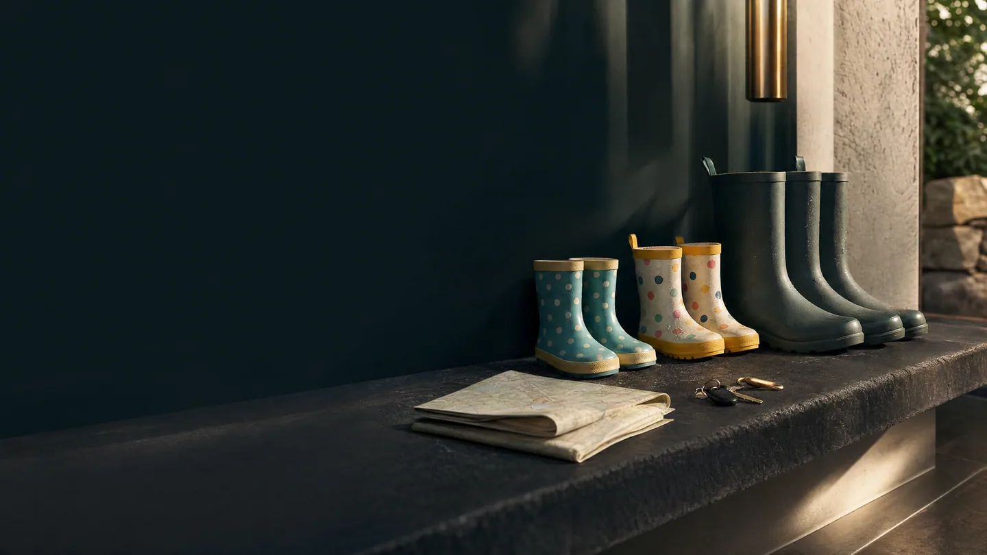 Kleine Gummistiefel neben einer gefalteten Zeitung