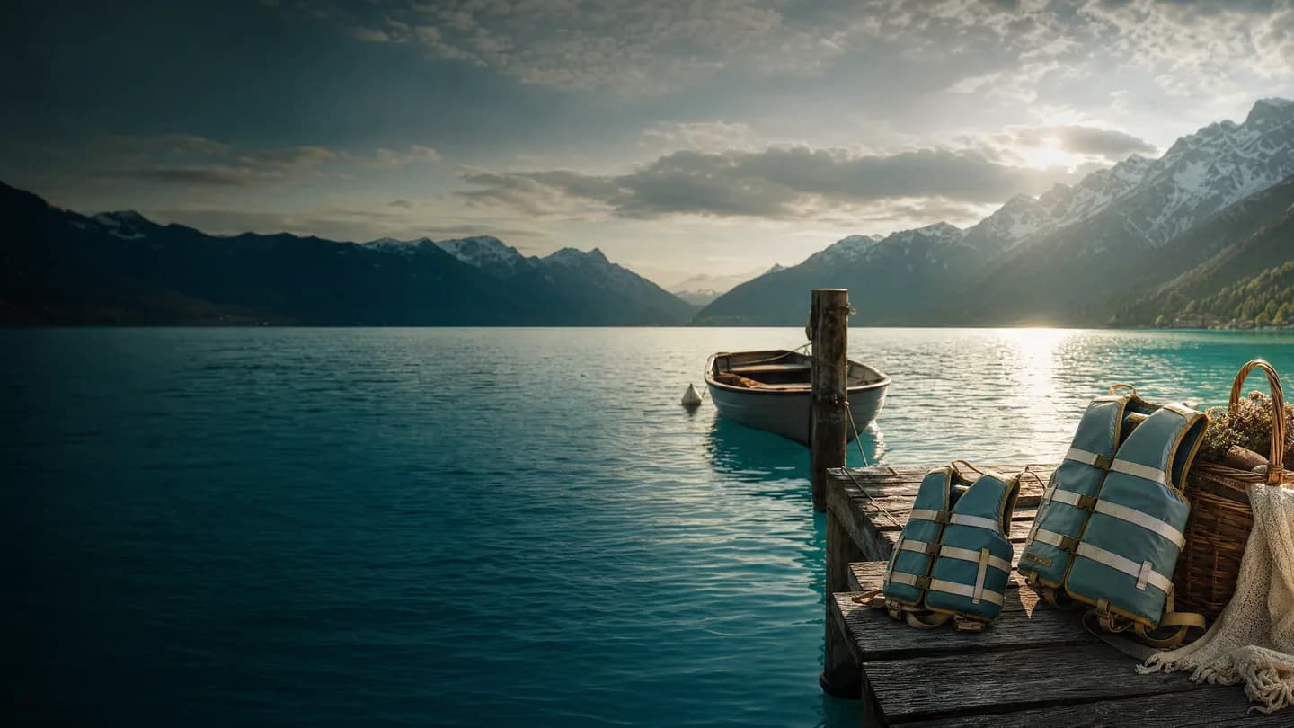 Steg an einem Bergsee mit Ruderboot